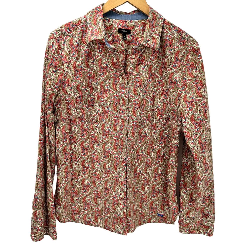 Talbots Blouse Womens 16 Paisley Long Sleeve Button Up Pink Blue Tan‎ Cotton